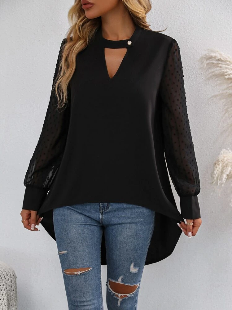 SHEIN Clasi スイスドット キーホールネック ハイ＆ロウ ブラウス - ブラック - 見る 4