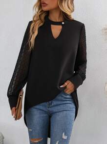 SHEIN Clasi Swiss Dot Keyhole Neckline High Low Blouse - Black - View 5