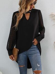 SHEIN Clasi Swiss Dot Keyhole Neckline High Low Blouse - Black - View 1