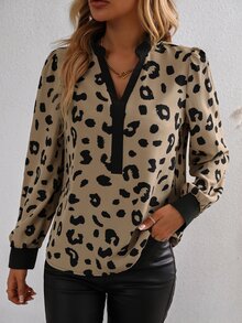 SHEIN LUNE Leopard Print Notched Neck Puff Sleeve Blouse - Khaki - View 5