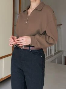 DAZY Polo 领落肩卫衣，秋装 - 棕色 - 查看 3