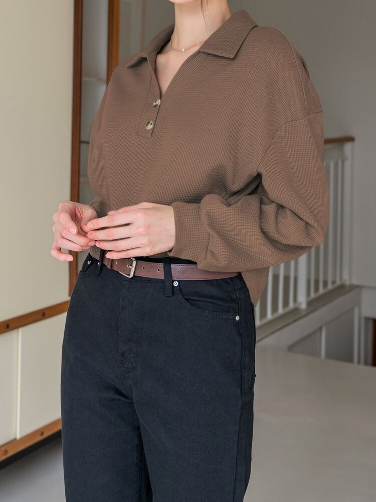 DAZY Polo 领落肩卫衣，秋装 - 棕色 - 查看 3