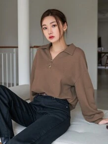 DAZY Polo 领落肩卫衣，秋装 - 棕色 - 查看 4