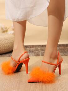 熒光橙拼接毛茸茸多用途穿戴高跟鞋 - 橘色 - 查看 2