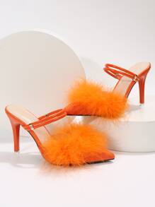 熒光橙拼接毛茸茸多用途穿戴高跟鞋 - 橘色 - 查看 6