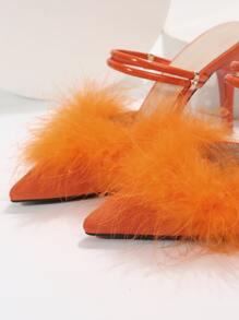 熒光橙拼接毛茸茸多用途穿戴高跟鞋 - 橘色 - 查看 7