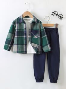 SHEIN 小男童格紋補丁貼口袋襯衫和褲子不帶T恤