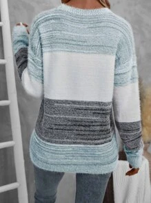 EMERY ROSE 撞色落肩毛衣，长袖针织套头衫，秋冬款毛衣 - 淺藍色 - 查看 2