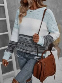 EMERY ROSE 撞色落肩毛衣，长袖针织套头衫，秋冬款毛衣 - 淺藍色 - 查看 7