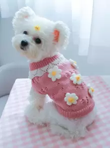 1pc Pet Clothes For Autumn And Winter, Soft And Comfortable Cute Floral Sweater For Dogs And Cats - Pink
