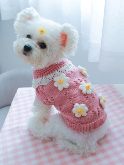 1pc Pet Clothes For Autumn And Winter, Soft And Comfortable Cute Floral Sweater For Dogs And Cats - Pink