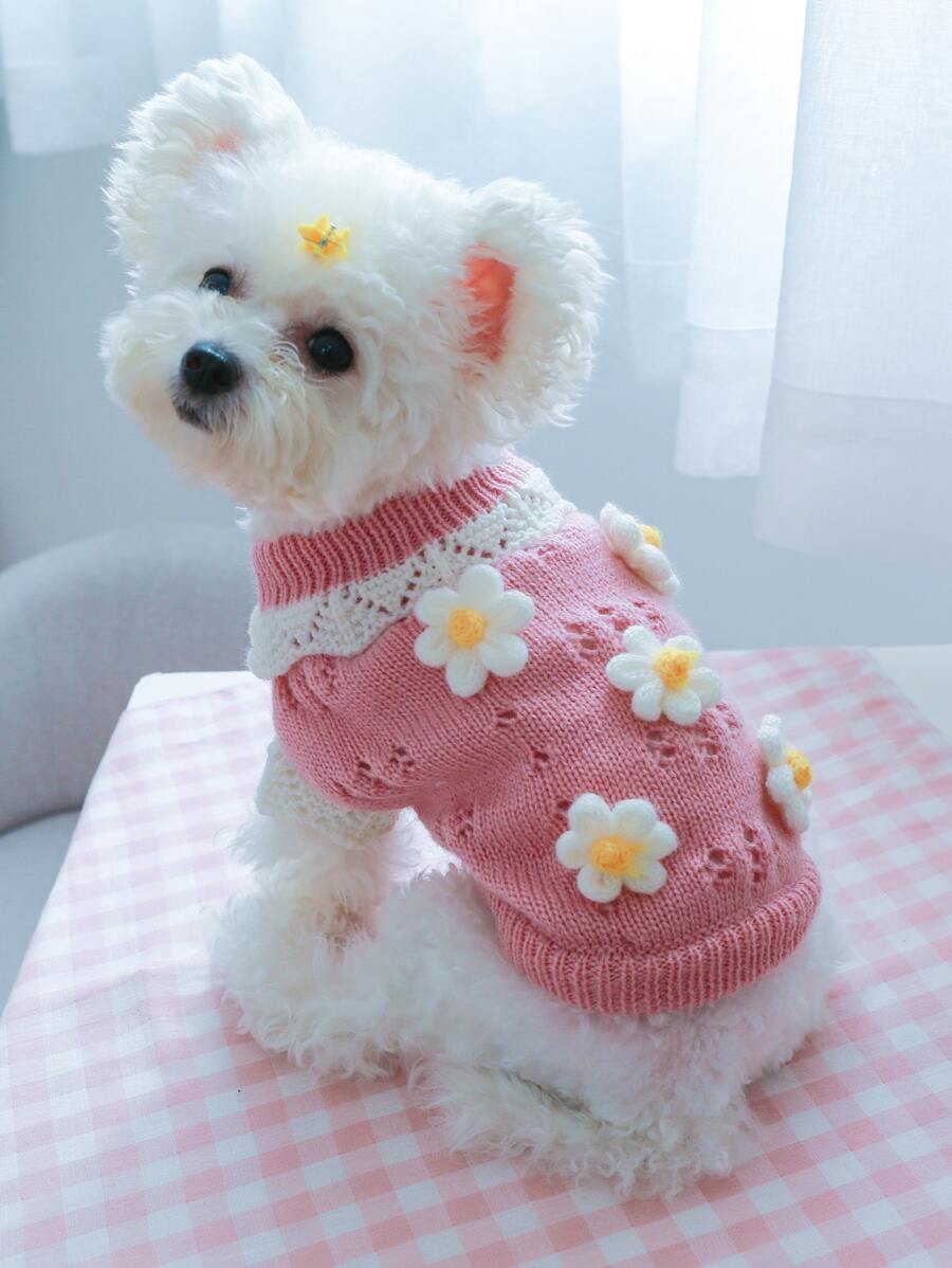 1pc Pet Clothes For Autumn And Winter, Soft And Comfortable Cute Floral Sweater For Dogs And Cats - Pink