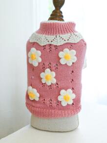 1pc Pet Clothes For Autumn And Winter, Soft And Comfortable Cute Floral Sweater For Dogs And Cats - Pink