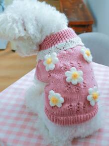 1pc Pet Clothes For Autumn And Winter, Soft And Comfortable Cute Floral Sweater For Dogs And Cats - Pink