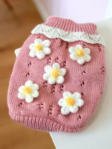 1pc Pet Clothes For Autumn And Winter, Soft And Comfortable Cute Floral Sweater For Dogs And Cats - Pink