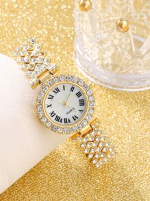 Reloj cuarzo con diseño de diamante de imitación & 4 piezas Set joya con diseño de diamante de imitación - Dorado - Ver 4
