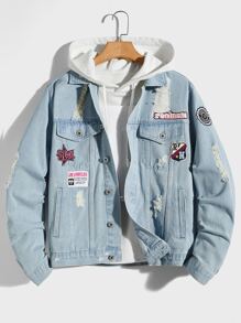Manfinity Men Letter Patched Detail Ripped Denim Jacket Without Hoodie - Light Wash - View 1