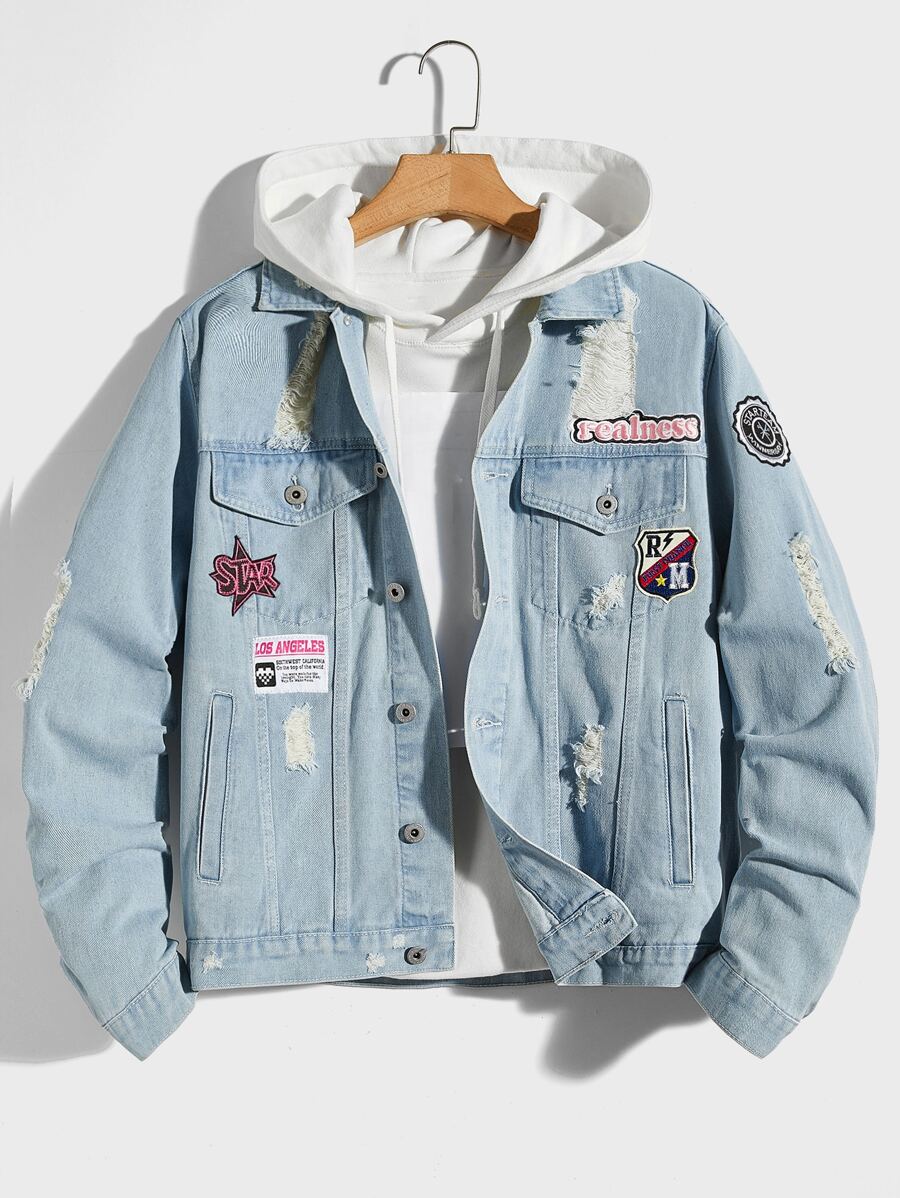 Manfinity Men Letter Patched Detail Ripped Denim Jacket Without Hoodie - Light Wash - View 1