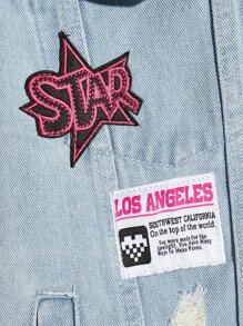 Manfinity Men Letter Patched Detail Ripped Denim Jacket Without Hoodie - Light Wash - View 4