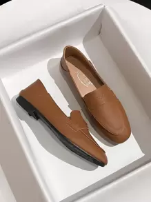 Mengshangli 女式優雅一腳套樂福鞋，平跟，便士紋理 - 棕色 - 查看 1