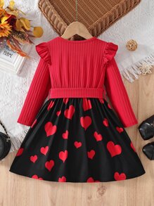 SHEIN Toddler Girls Heart & Cartoon Graphic Ruffle Trim Belted Dress