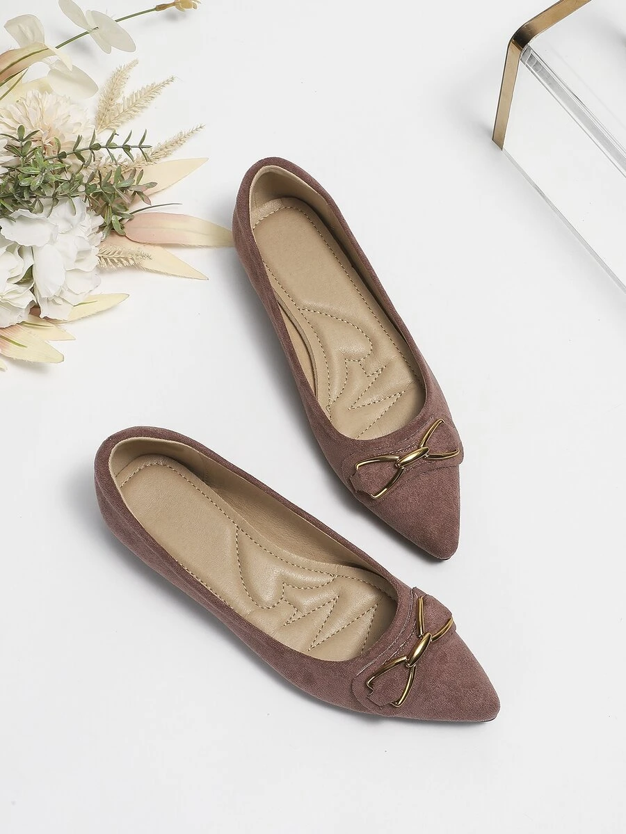 Metal Decor Point Toe Faux Suede Ballet Flats - Dusty Pink - View 1
