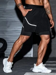 Men Reflective Panel Sports Shorts - Black - View 1