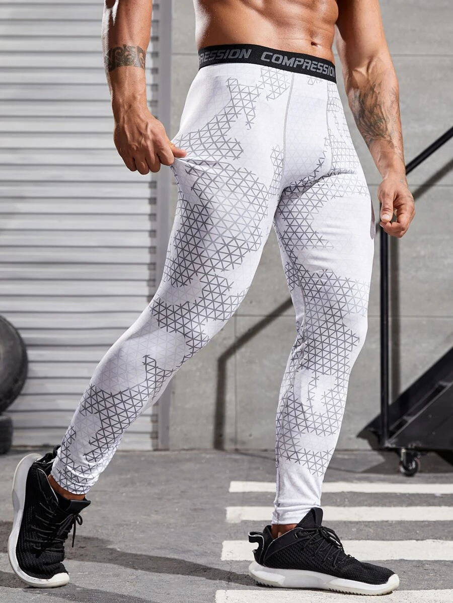 Men Geo Print Contrast Letter Tape Sports Tights - White - View 1