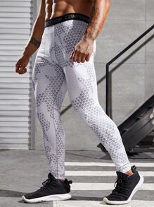 Men Geo Print Contrast Letter Tape Sports Tights - White - View 4