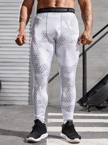 Men Geo Print Contrast Letter Tape Sports Tights - White - View 5
