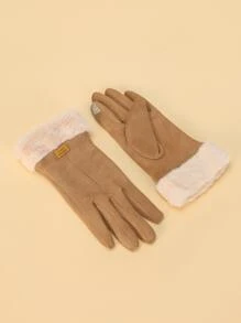 Letter Label Decor Contrast Fluffy Gloves - Khaki - View 2