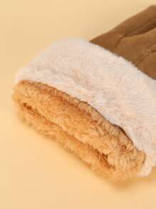 Letter Label Decor Contrast Fluffy Gloves - Khaki - View 3