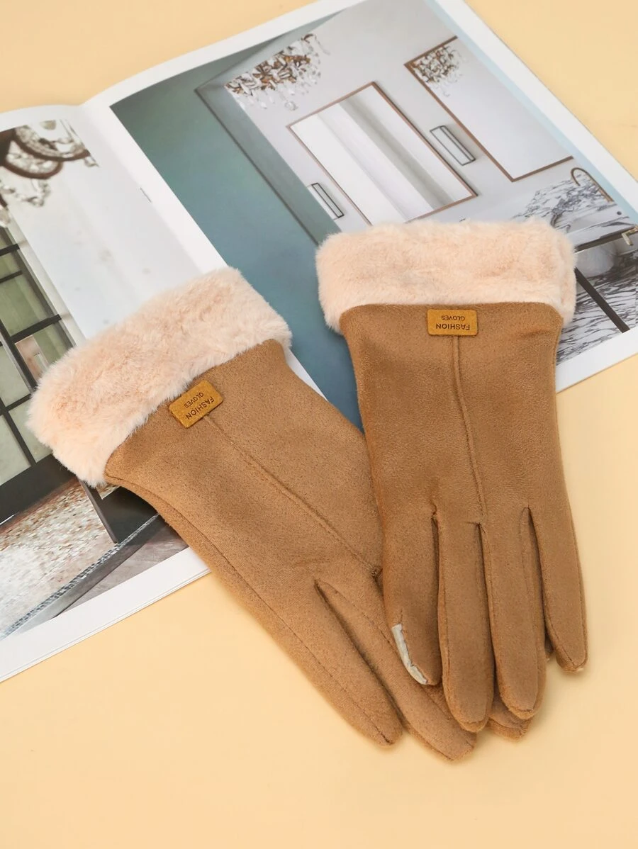 Letter Label Decor Contrast Fluffy Gloves - Khaki - View 1