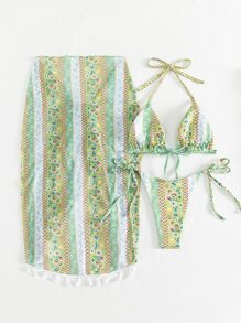 Ditsy Floral Tassel Trim Triangle Summer Beach Bikini Set With Cover Up - Multicolor - View 2