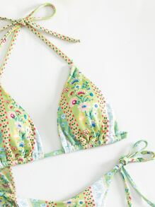 Ditsy Floral Tassel Trim Triangle Summer Beach Bikini Set With Cover Up - Multicolor - View 4