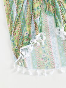 Ditsy Floral Tassel Trim Triangle Summer Beach Bikini Set With Cover Up - Multicolor - View 5
