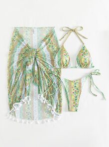 Ditsy Floral Tassel Trim Triangle Summer Beach Bikini Set With Cover Up - Multicolor - View 6