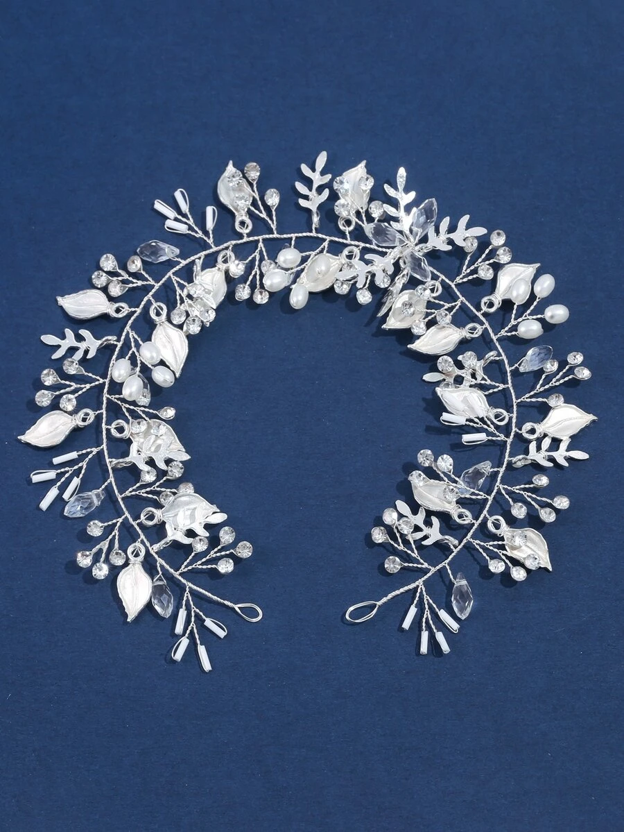 水鑽和樹葉裝飾新娘髮帶 - 銀色 - 查看 1