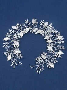 水鑽和樹葉裝飾新娘髮帶 - 銀色 - 查看 2