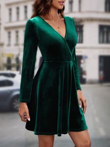 SHEIN Clasi Surplice Neck Flounce Sleeve Velvet Dress - Green - View 4