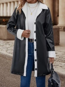 Abrigo de color combinado con forro teddy PU - Blanco y Negro - Ver 1