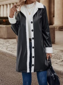 Abrigo de color combinado con forro teddy PU - Blanco y Negro - Ver 4