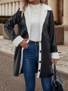 Abrigo de color combinado con forro teddy PU - Blanco y Negro - Ver 6