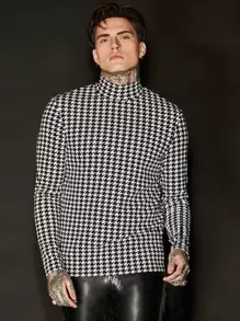 Manfinity VCAY 男士小高領千鳥格T恤 - 黑與白 - 查看 7