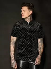 AKNOTIC Business Casual Men Argyle Pattern Quarter Zip Velvet Polo Shirt, For Husband - Black - View 1