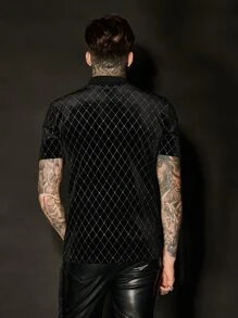 AKNOTIC Business Casual Men Argyle Pattern Quarter Zip Velvet Polo Shirt, For Husband - Black - View 2