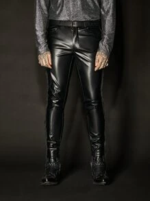 GENTILAND Men Slant Pocket PU Leather Trousers - Black - View 1
