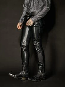 GENTILAND Men Slant Pocket PU Leather Trousers - Black - View 5