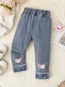 Baby Unicorn Embroidery Jeans - Light Wash - View 1
