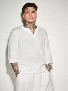 Manfinity VCAY Loose Men Cotton Lace Up Front Notched Neckline Blouse - White - View 1